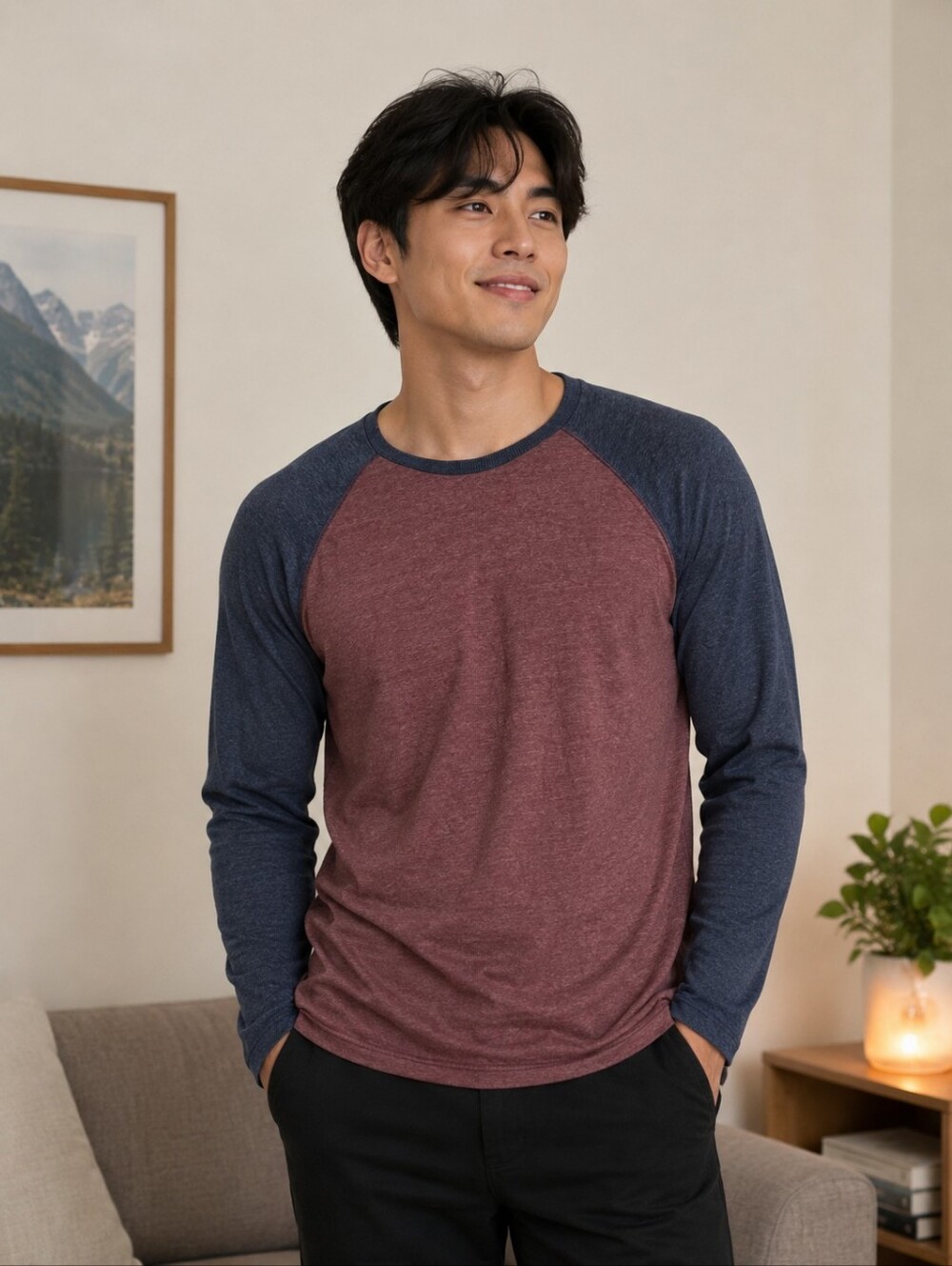 Marine Layer long-sleeve Henley raglan t-shirt in a burgundy and navy blue